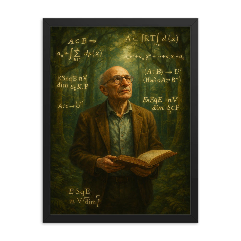 Alexander Grothendieck in forest of equations framed print on a plain backdrop in size 18