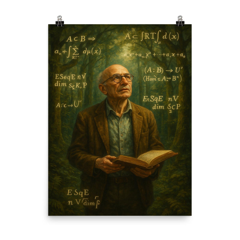 Alexander Grothendieck in forest of equations poster on a plain backdrop in size 8