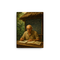 Alexander Grothendieck in jungle hut with diagrams canvas print on a plain backdrop in size 12"x16".