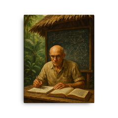 Alexander Grothendieck in jungle hut with diagrams canvas print on a plain backdrop in size 16"x20".
