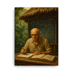 Alexander Grothendieck in jungle hut with diagrams canvas print on a plain backdrop in size 18"x24".