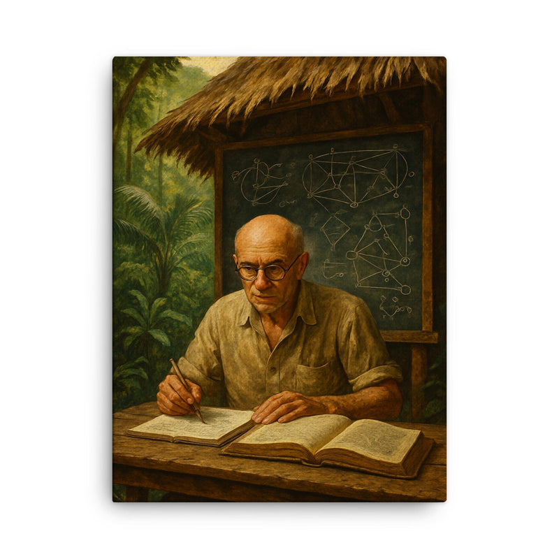 Alexander Grothendieck in jungle hut with diagrams canvas print on a plain backdrop in size 18