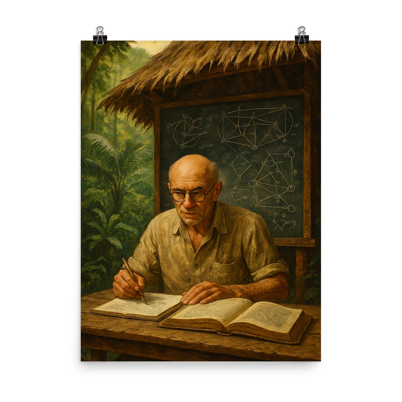 Alexander Grothendieck in jungle hut with diagrams poster on a plain backdrop in size 8
