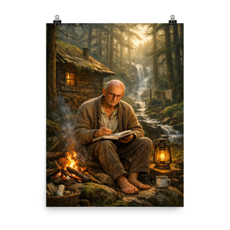 Alexander Grothendieck in reclusive forest solitude poster on a plain backdrop in size 8
