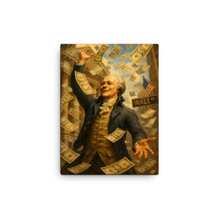 Alexander Hamilton tossing paper money like confetti on Wall Street canvas print on a plain backdrop in size 12"x16".