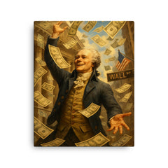 Alexander Hamilton tossing paper money like confetti on Wall Street canvas print on a plain backdrop in size 16"x20".