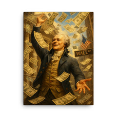 Alexander Hamilton tossing paper money like confetti on Wall Street canvas print on a plain backdrop in size 18"x24".