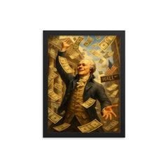 Alexander Hamilton tossing paper money like confetti on Wall Street framed print on a plain backdrop in size 12"x16".