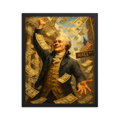 Alexander Hamilton tossing paper money like confetti on Wall Street framed print on a plain backdrop in size 16"x20".
