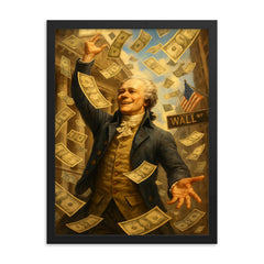 Alexander Hamilton tossing paper money like confetti on Wall Street framed print on a plain backdrop in size 18"x24".