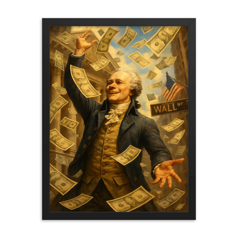 Alexander Hamilton tossing paper money like confetti on Wall Street framed print on a plain backdrop in size 18