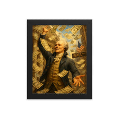 Alexander Hamilton tossing paper money like confetti on Wall Street framed print on a plain backdrop in size 8"x10".