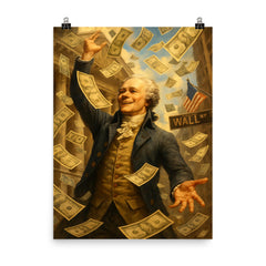 Alexander Hamilton tossing paper money like confetti on Wall Street poster on a plain backdrop in size 8"x10".