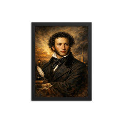 Alexander Pushkin in black frock coat framed print on a plain backdrop in size 12"x16".