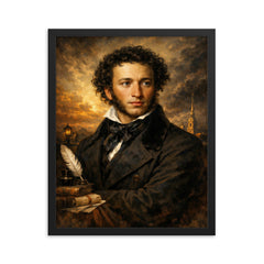Alexander Pushkin in black frock coat framed print on a plain backdrop in size 16"x20".