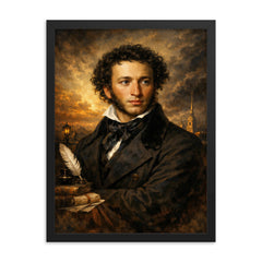 Alexander Pushkin in black frock coat framed print on a plain backdrop in size 18"x24".