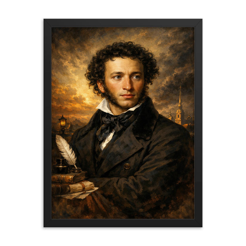 Alexander Pushkin in black frock coat framed print on a plain backdrop in size 18