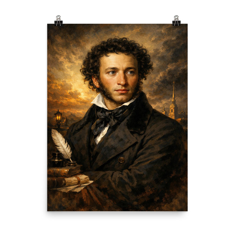 Alexander Pushkin in black frock coat poster on a plain backdrop in size 8
