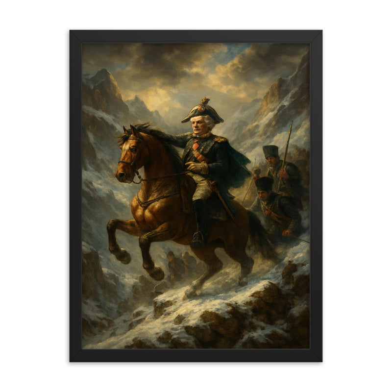 Alexander Suvorov crossing the Alps framed print on a plain backdrop in size 18