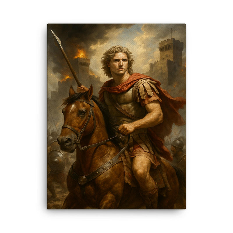 Alexander the Great and Bucephalus at the Siege of Tyre canvas print on a plain backdrop in size 18