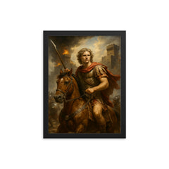 Alexander the Great and Bucephalus at the Siege of Tyre framed print on a plain backdrop in size 12"x16".