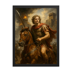 Alexander the Great and Bucephalus at the Siege of Tyre framed print on a plain backdrop in size 18"x24".