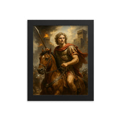 Alexander the Great and Bucephalus at the Siege of Tyre framed print on a plain backdrop in size 8"x10".