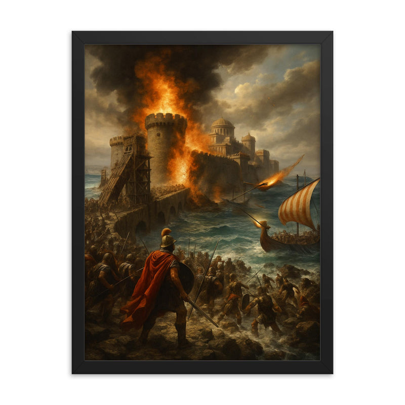 Alexander the Great at the Siege of Tyre framed print on a plain backdrop in size 18