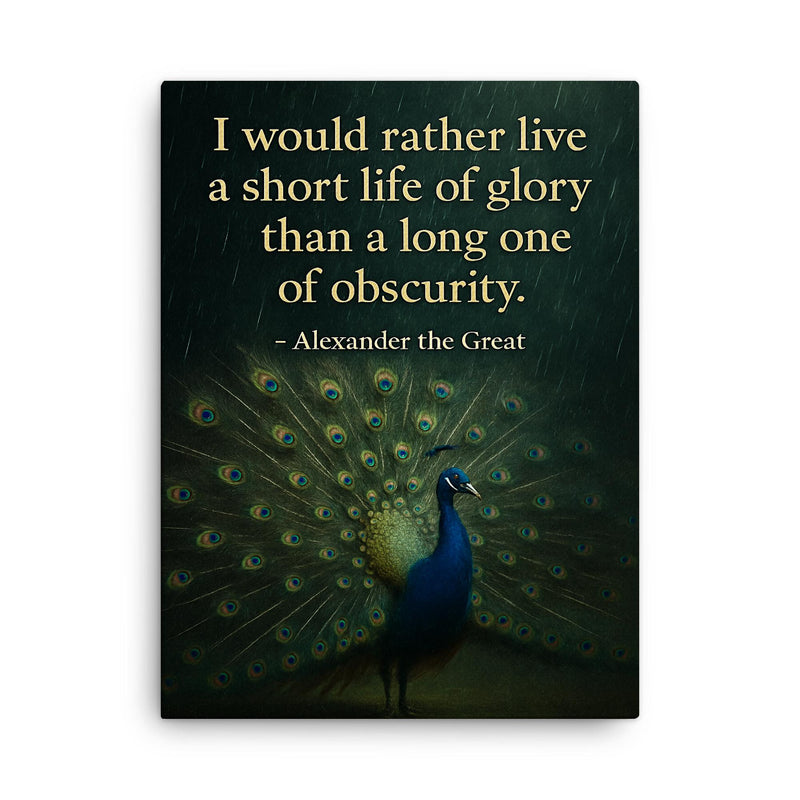 alexander the great short life of glory quote canvas print on a plain backdrop in size 18