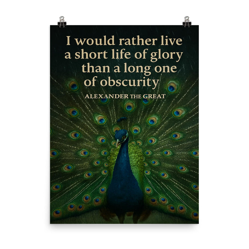 alexander the great short life of glory quote peacock poster on a plain backdrop in size 8