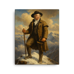 Alexander von Humboldt atop Chimborazo with instruments canvas print on a plain backdrop in size 16"x20".