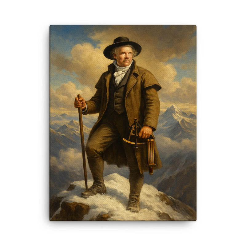Alexander von Humboldt atop Chimborazo with instruments canvas print on a plain backdrop in size 18