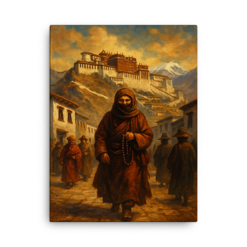 Alexandra David Néel entering Lhasa disguised canvas print on a plain backdrop in size 18