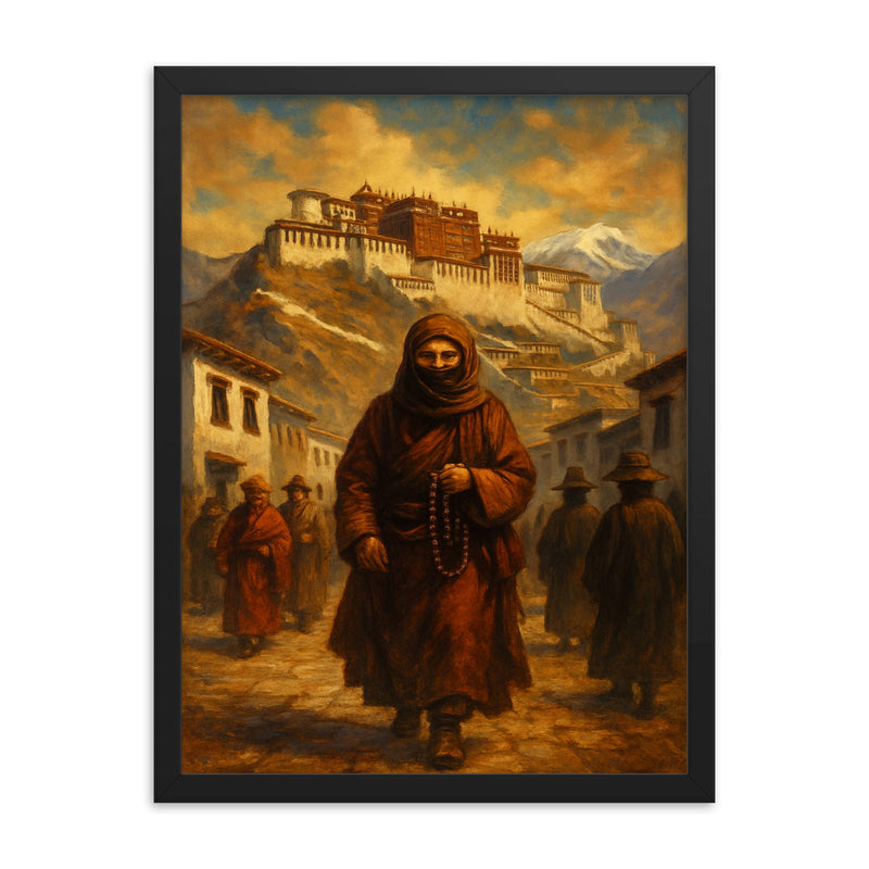 Alexandra David Néel entering Lhasa disguised framed print on a plain backdrop in size 18