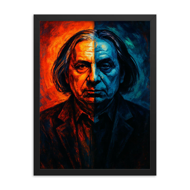Alfred Schnittke split shadow polystylist portrait framed print on a plain backdrop in size 18