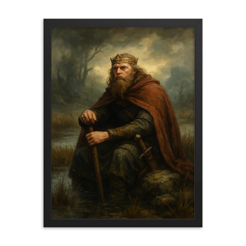 Alfred the Great in marsh exile framed print on a plain backdrop in size 18