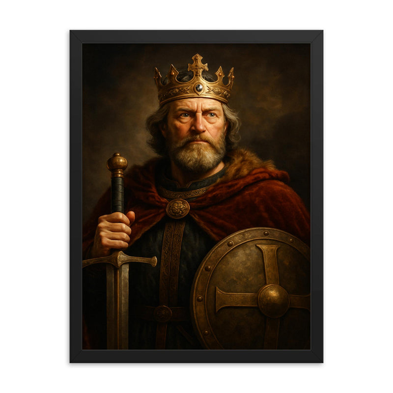 Alfred the Great regal portrait framed print on a plain backdrop in size 18