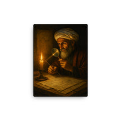 Alhazen in candlelit optics study canvas print on a plain backdrop in size 12"x16".