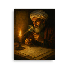 Alhazen in candlelit optics study canvas print on a plain backdrop in size 16"x20".