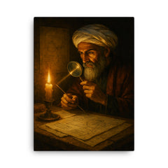 Alhazen in candlelit optics study canvas print on a plain backdrop in size 18"x24".