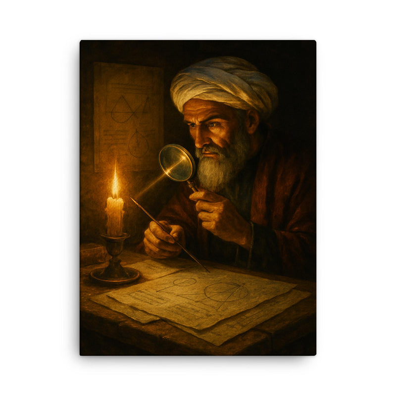 Alhazen in candlelit optics study canvas print on a plain backdrop in size 18