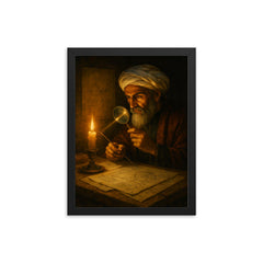 Alhazen in candlelit optics study framed print on a plain backdrop in size 12"x16".