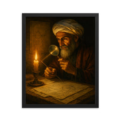 Alhazen in candlelit optics study framed print on a plain backdrop in size 16"x20".