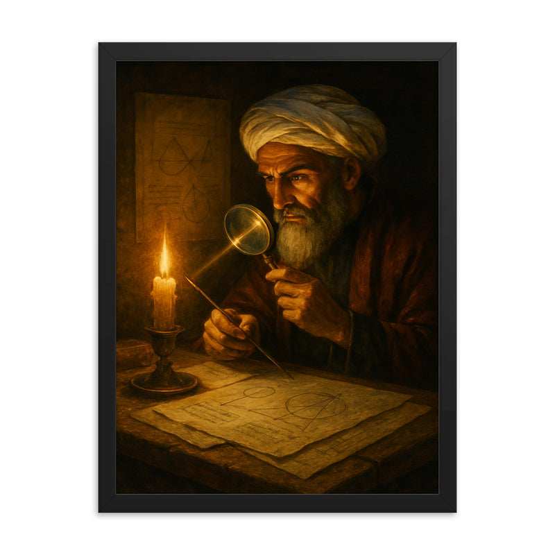 Alhazen in candlelit optics study framed print on a plain backdrop in size 18