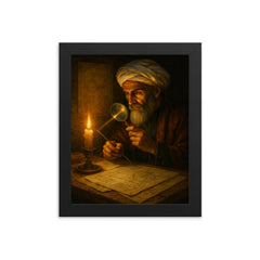 Alhazen in candlelit optics study framed print on a plain backdrop in size 8"x10".