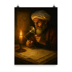 Alhazen in candlelit optics study poster on a plain backdrop in size 8"x10".