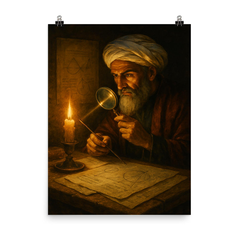 Alhazen in candlelit optics study poster on a plain backdrop in size 8