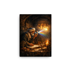 Alhazen testing light through a darkened chamber canvas print on a plain backdrop in size 12"x16".