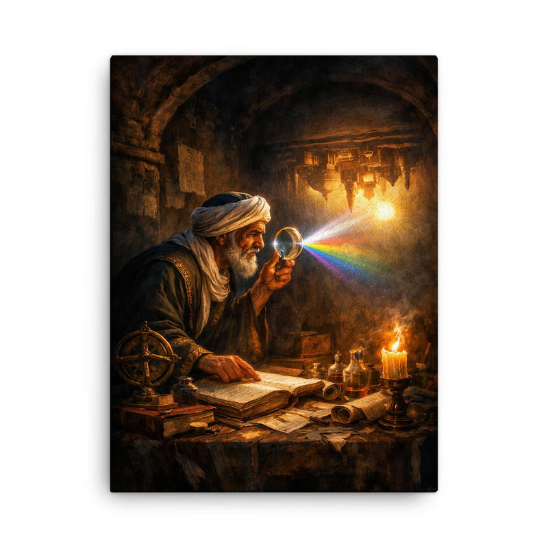 Alhazen testing light through a darkened chamber canvas print on a plain backdrop in size 18