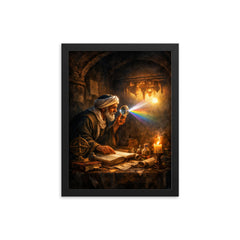 Alhazen testing light through a darkened chamber framed print on a plain backdrop in size 12"x16".